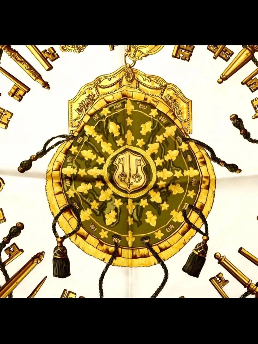 Hermes Olive Green White Gold Key Motif Silk Scarf